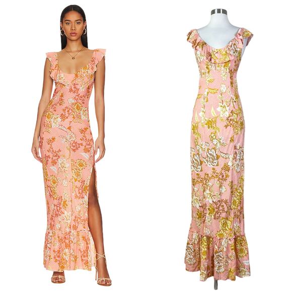NEW Free People | Remind Me Peach Pink Floral Ruffle Slit Slip Maxi Dress XS NWT - Picture 1 of 11